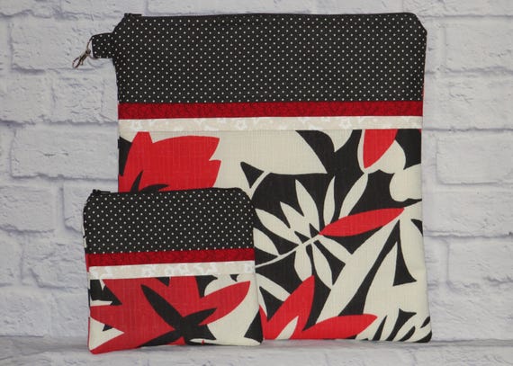 Red Black Floral Project Bag OR 2-piece Set For Cross Stitch, Crochet, Knitting, Craft, Notions