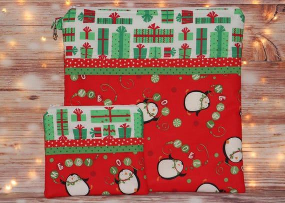 Christmas Penguins Project Bag OR 2-piece Set For Cross Stitch, Crochet, Knitting and Needlework, Craft Bag, Notions Bag