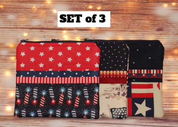 CLEARANCE *** PATRIOTIC Set of 3 Notions Bags, Gift Card Bags, Cosmetic or Treat Bags, Pencil Pouch, Stocking Stuffers