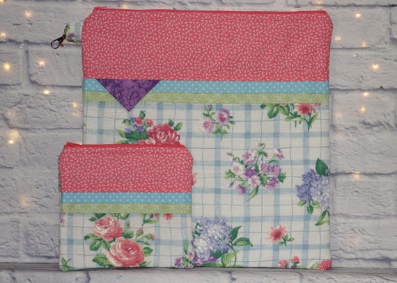 Floral Plaid Project Bag OR 2-piece Set For Cross Stitch, Crochet, Knitting, Craft, Notions
