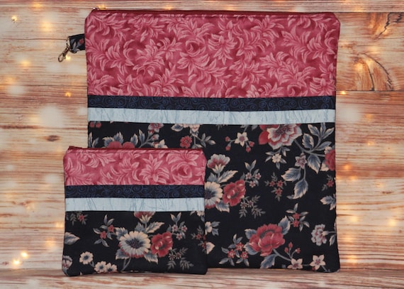 Pink and Blue Floral Project Bag OR 2-piece Set For Cross Stitch, Crochet, Knitting