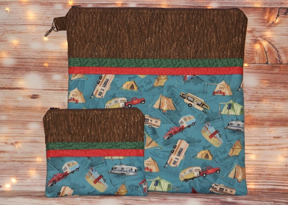Campers Camping Project Bag OR 2-piece Set For Cross Stitch, Crochet, Knitting and Needlework, Craft Bag, Notions Bag