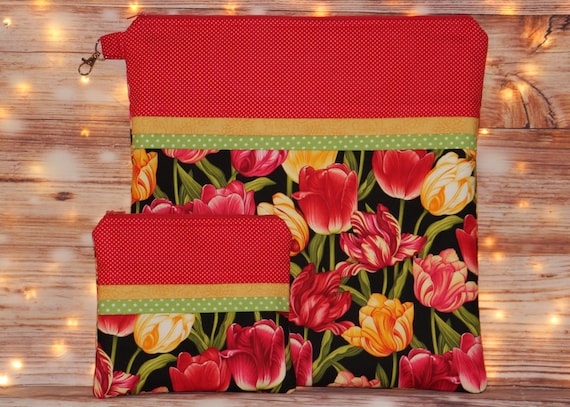 Tulip Floral Project Bag OR 2-piece Set For Cross Stitch, Crochet, Knitting and Needlework, Craft Bag, Notions Bag