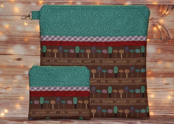 Happy Trees Project Bag OR 2-piece Set For Cross Stitch, Crochet, Knitting and Needlework, Craft Bag, Notions Bag