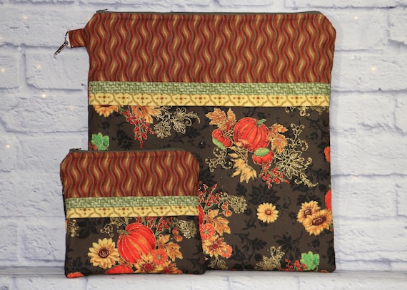 Autumn Floral Gold-Trimmed Project Bag OR 2-piece Set For Cross Stitch, Crochet, Knitting and Needlework, Craft Bag, Notions Bag
