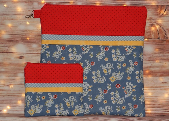 Red Yellow Blue Floral Project Bag OR 2-piece Set For Cross Stitch, Crochet, Knitting and Needlework, Craft Bag, Notions Bag