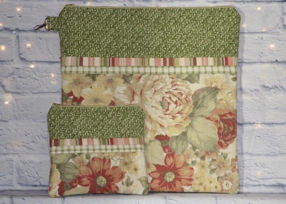 Sage Floral Project Bag OR 2-piece Set For Cross Stitch, Crochet, Knitting, Notions