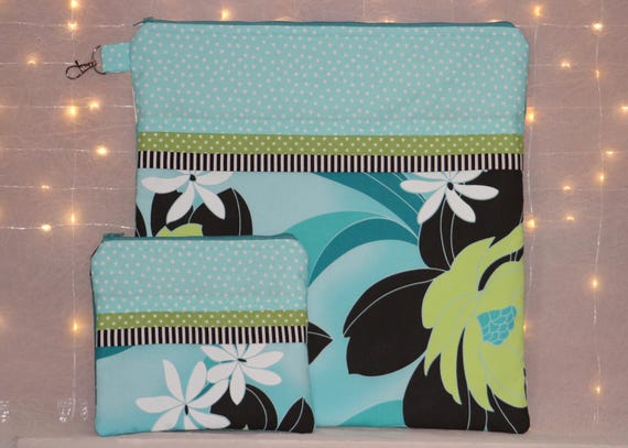 AquaGreen Black Floral Project Bag OR 2-piece Set For Cross Stitch, Crochet, Knitting, Notions