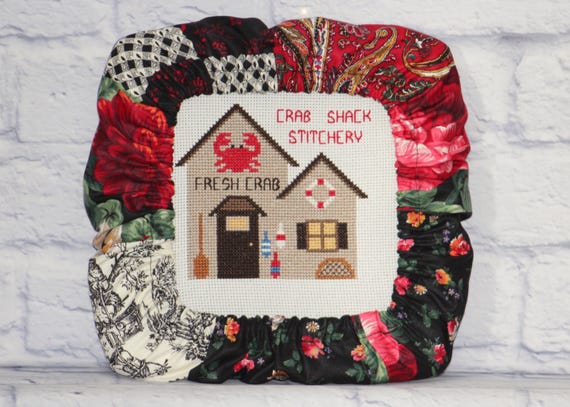 Red Black Floral Patch Grime Guard Q-Snap, Nurge or Round Hoop Cover For Cross Stitch and Needlework