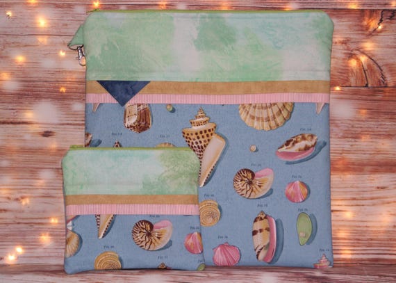 Seashell Project Bag OR 2-piece Set For Cross Stitch, Crochet, Knitting and Needlework, Craft Bag, Notions Bag