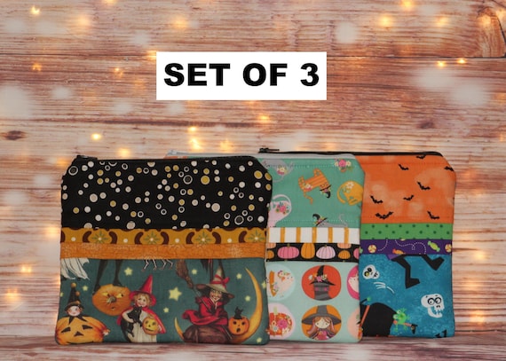 CLEARANCE *** HALLOWEEN Set of 3 Notions Bags, Gift Card Bags, Cosmetic or Treat Bags, Pencil Pouch, Stocking Stuffers
