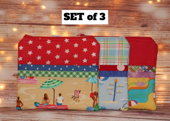 CLEARANCE *** BEACH Set of 3 Notions Bags, Gift Card Bags, Cosmetic or Treat Bags, Pencil Pouch, Stocking Stuffers