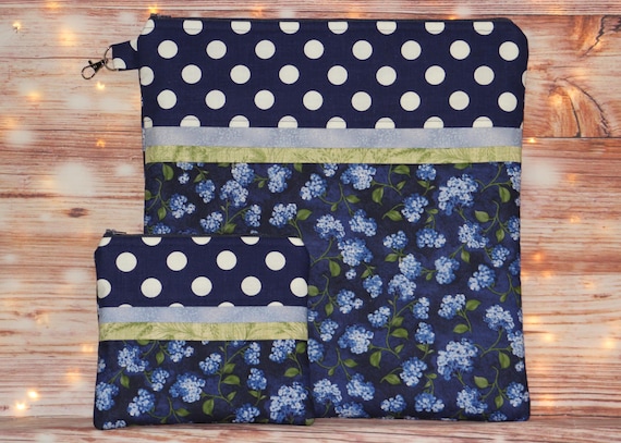 Blue and Green Floral Project Bag OR 2-piece Set For Cross Stitch, Crochet, Knitting and Needlework, Craft Bag, Notions Bag