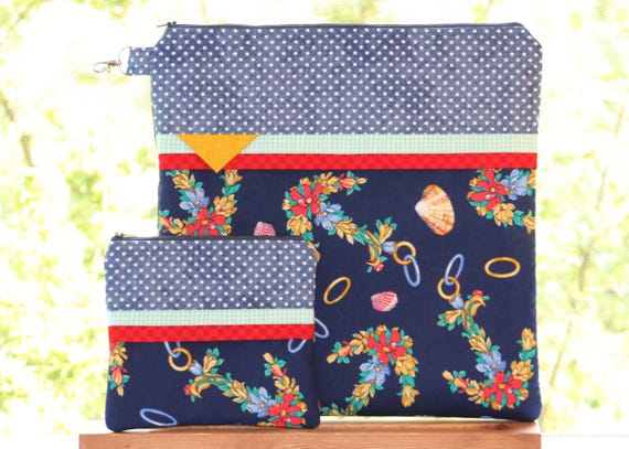 Nautical Floral Project Bag OR 2-piece Set For Cross Stitch, Crochet, Knitting, Craft, Notions