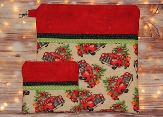 Project Bag OR 2-piece Set For Cross Stitch, Crochet, Knitting and Needlework, Craft Bag, Notions Bag - RED TRUCK Christmas
