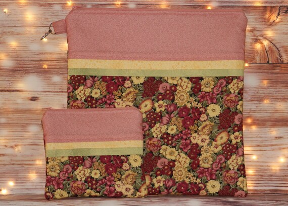 Pink Yellow Green Floral Project Bag OR 2-piece Set For Cross Stitch, Crochet, Knitting and Needlework, Craft Bag, Notions Bag