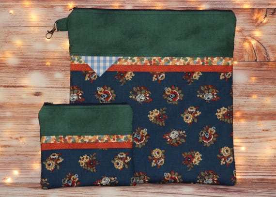 Floral on Blue Project Bag OR 2-piece Set For Cross Stitch, Crochet, Knitting and Needlework, Craft Bag, Notions Bag