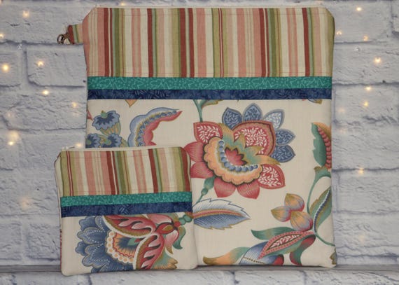 Pink Blue Floral Project Bag OR 2-piece Set - Cross Stitch, Crochet, Knitting, Craft, Notions