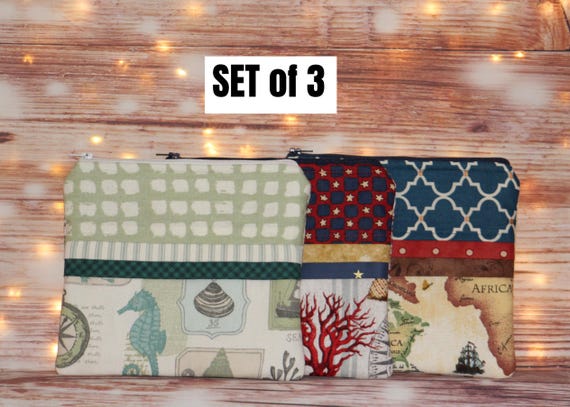 CLEARANCE *** NAUTICAL Set of 3 Notions Bags, Gift Card Bags, Cosmetic or Treat Bags, Pencil Pouch, Stocking Stuffers