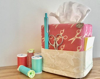 Tissue box cover with pockets, 'In the atelier'