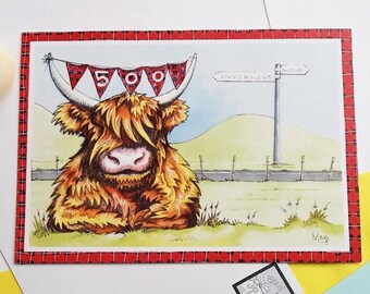 Highland Cow Postcard - celebrating Route 500 around the Highlands of Scotland. Fun postcard from Scotland. Tartan humour. Original Design.