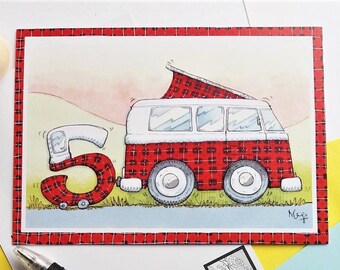 Campervan Postcard - celebrating Route 500 in the Scottish Highlands. Holiday postcard. Camping. Tartan humour. Original Design