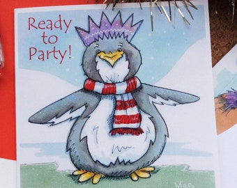 Christmas Charity Card. 10% of sales donated to Parkinsons UK. Penguin. Cute, colourful, funny design. Ready to Party.  Red & white scarf.