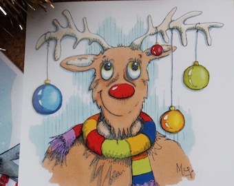 Funny Charity Christmas Cards. 10% of sales donated to Parkinsons UK. Rudolph. Baubles. Colourful design. Xmas joke.
