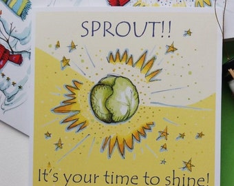 Funny Charity Christmas Card. 10% of sales donated to Parkinsons UK. Sprout. Xmas joke. Fun and original design.