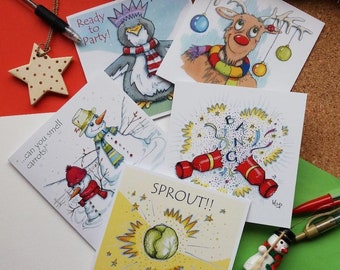Funny Charity Christmas Cards. 10% of sales donated to Parkinsons UK. Pack of 5. Rudolph. Sprouts. Crackers. Snowmen. Carrots. Penguin.