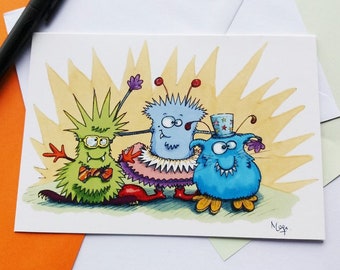 Monster card. Kids birthday. Blank for own message. Original Design. Fun. Colourful. Aliens. Three monsters. Children's card