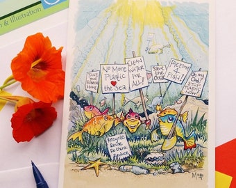 Stop Plastic Pollution. Fish card. Cartoon. Save our oceans. Environment awareness. Blank for own message. Original Design. Save the Planet