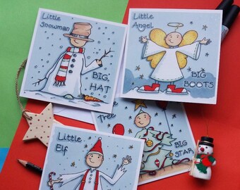 Cute Charity Christmas Cards. 10% of sales to Parkinsons UK. Four fun designs. Snowman Elf Angel Christmas Tree.