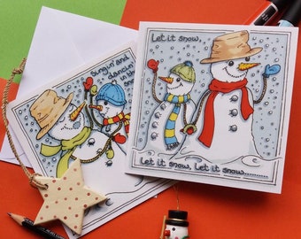Fun Charity Christmas Cards. 10% of sales to Parkinsons UK. Singing, dancing Snowmen. 4 cards - 2 designs.