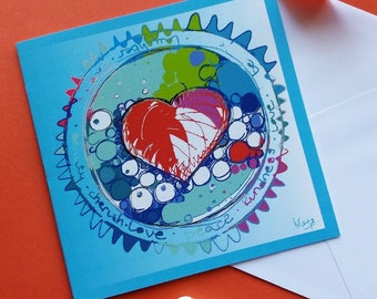 Heart card. Mother's Day. Valentine. Love Heart. Anniversary. Wedding. Engagement. Bright colours. Blank for own message. Original Design.