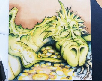 Dragon card. Sleeping Dragon. Green Dragon. Greetings Card. Original Design. Blank for own message. Gold