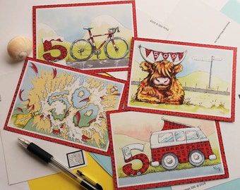 Postcards celebrating Route 500 in the Scottish Highlands. Set of 4: Campervan, Bike, Fizz & Highland Cow. Tartan humour. Original Designs