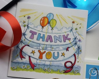 Thank You card. Greetings card. Original Design. Fun & colourful. Blank for own message. Balloons