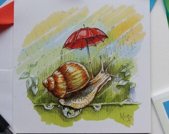 Snail card. Snail in the Rain card. Original Design. Sunshine & rain. Umbrella. Raindrops. Weather humour. Quirky. Blank for own message