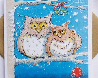 Funny Charity Christmas Cards. 10% of sales donated to Parkinsons UK. Owls. Love. Mistletoe. Cute and colourful design.