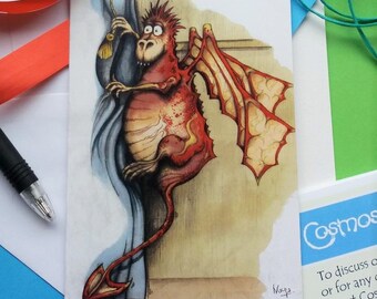 Dragon card. Red dragon. Greetings card. Original design. Blank for own message. Cartoon. Cute character