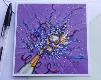 50th Birthday Card. Champagne. Fizz. Fun. Original Design. Blank for own message