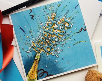 Champagne card. Happy Birthday. Birthday card. Bubbles. Fizz. Celebration. Original Design. Blank for own message