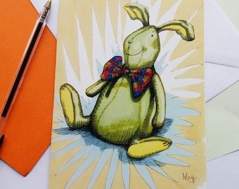 Rabbit / Hare card. Easter card. Children's card - Harry the Hare! Fun Cuddly Toy drawing. Blank for own message. Tartan bow tie. Kids