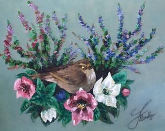 Spring wildlife artwork warbler bird flowers and foliage  | Original impressionist oil painting on canvas