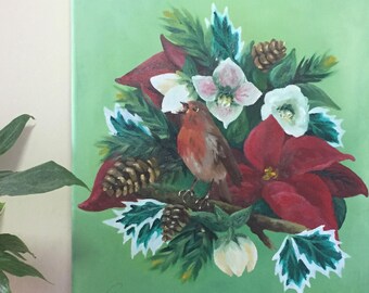 Winter wildlife artwork robin bird flowers and foliage holly pine poinsettia  | Original impressionist oil painting on canvas