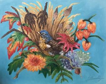 Herbstliche Wildtierkunst, Wacholderdrossel, Vogel, Blumen und Laub, Blumenkunst | Original impressionistisches Ölgemälde auf Leinwand