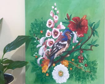 Summer wildlife artwork chaffinch bird flowers and foliage foxglove honeysuckle hibiscus  | Original impressionist oil painting on canvas