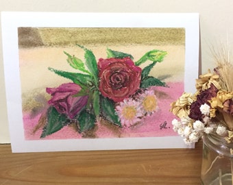 Floral rose bouquet still life pastel drawing illustration for home decor | Original impressionist soft pastel sketch on A5 paper