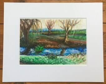 Winter riverside landscape impressionist oil pastel drawing on A5 paper | Mounted wall art forest illustration